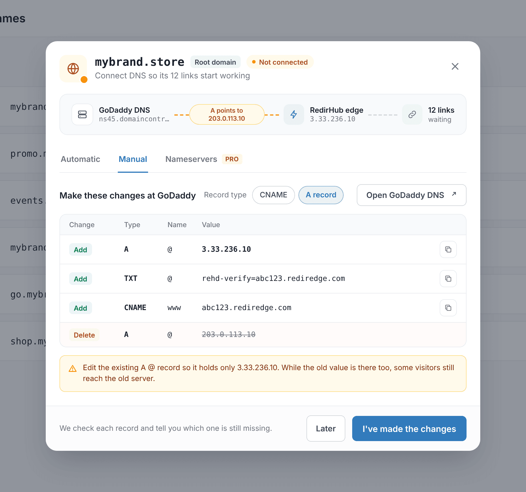 Connect DNS의 Manual 탭. DNS 제공업체에 추가할 레코드 목록이 표시됩니다
