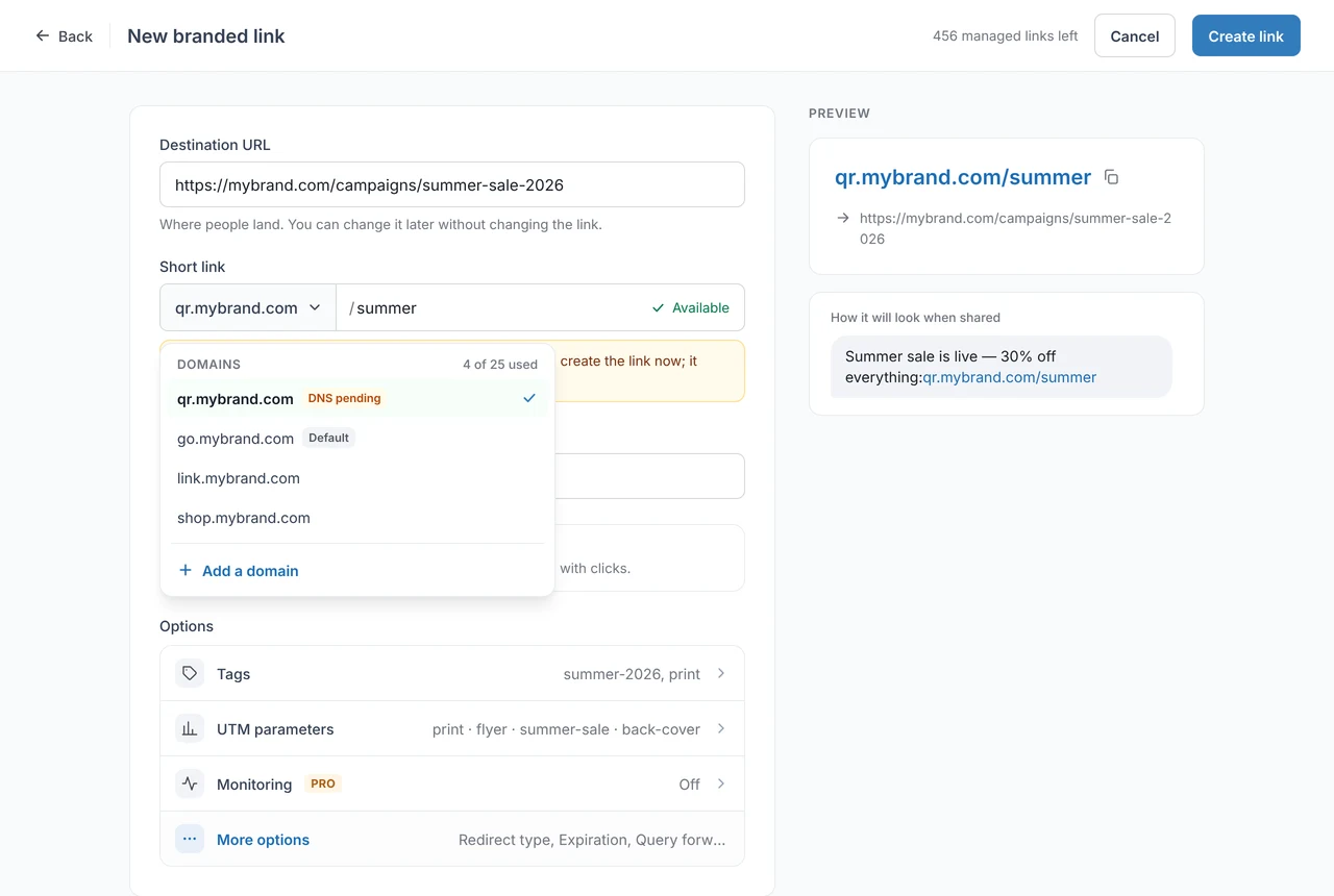 New branded link form with the domain menu open