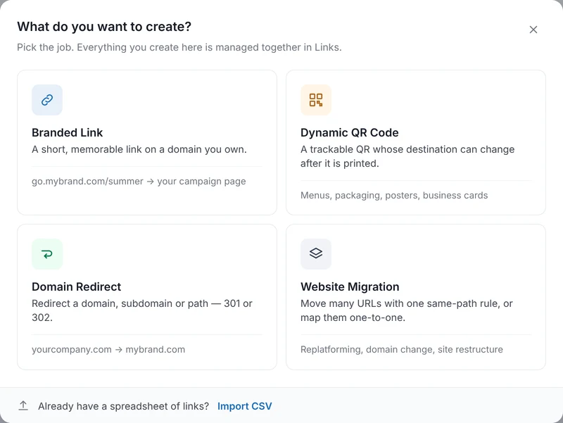 The Create menu: branded link, dynamic QR code, domain redirect or website migration