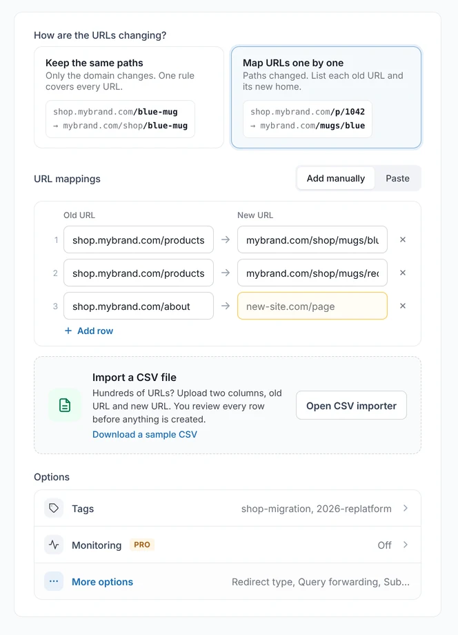 New website migration form with URL mappings and a preview of the redirects it creates