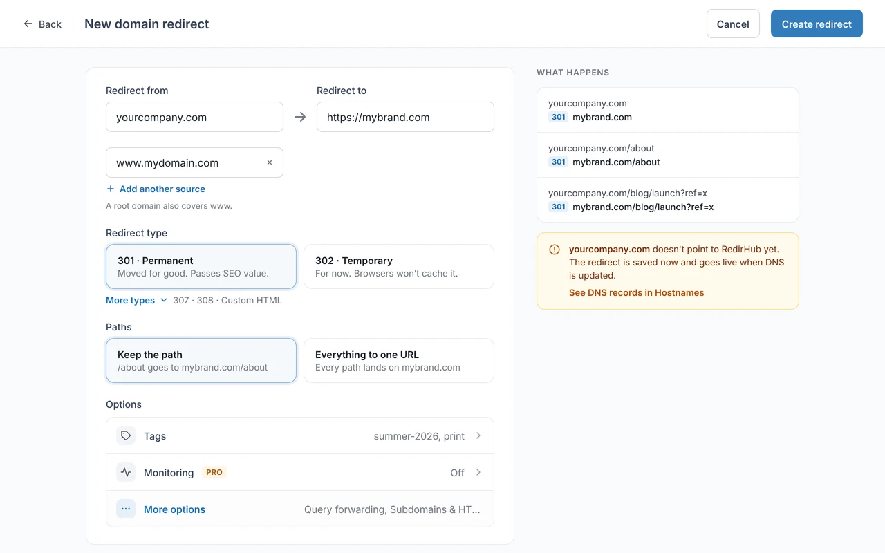 New domain redirect form: sources, destination, redirect type, paths and a preview of what happens