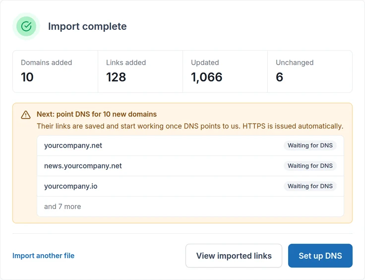 Import complete: domains and links added, and the DNS records still to set