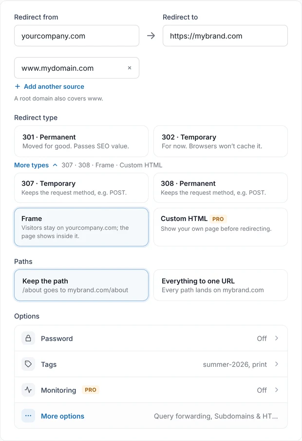 Redirect types 301, 302, 307, 308, frame and custom HTML, and the path options