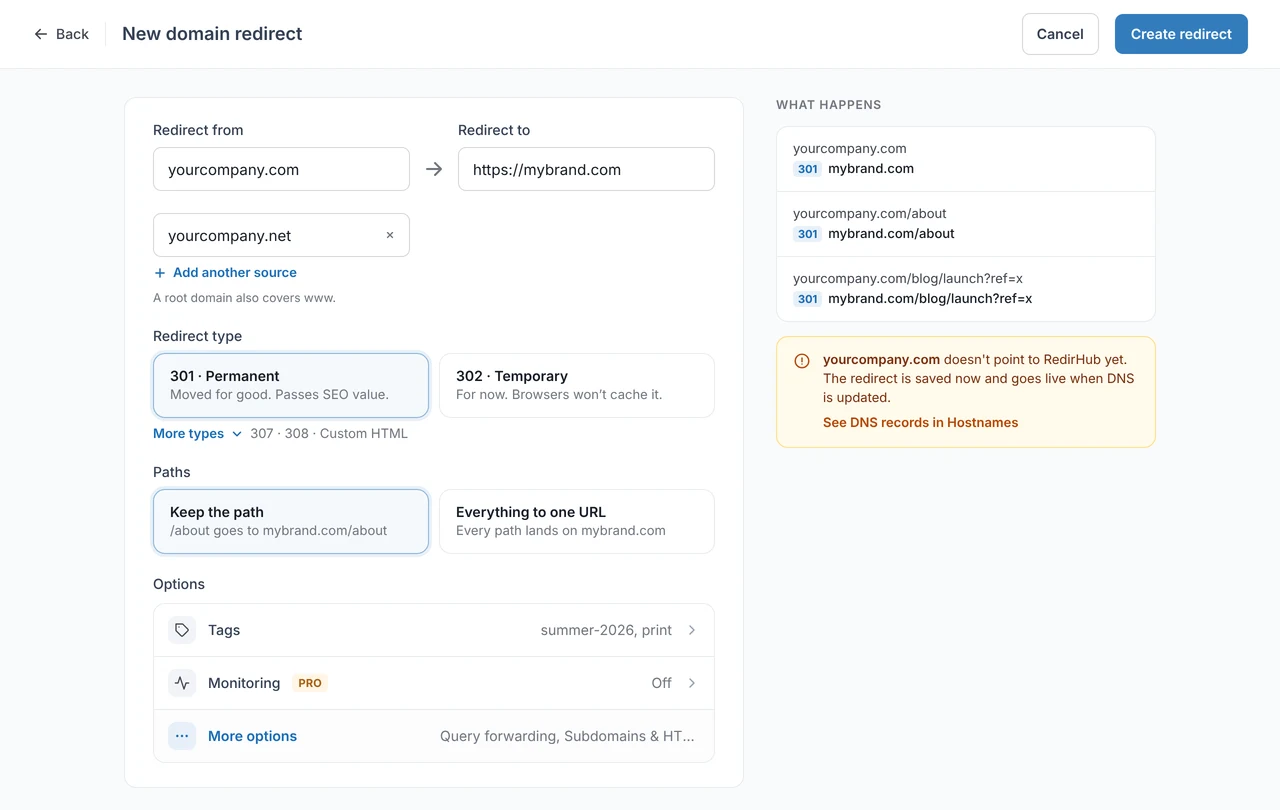 The New domain redirect form, with What happens listing where sample addresses land