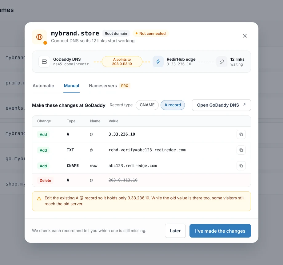 Connect DNS, Manual tab, listing the records to add at the DNS provider